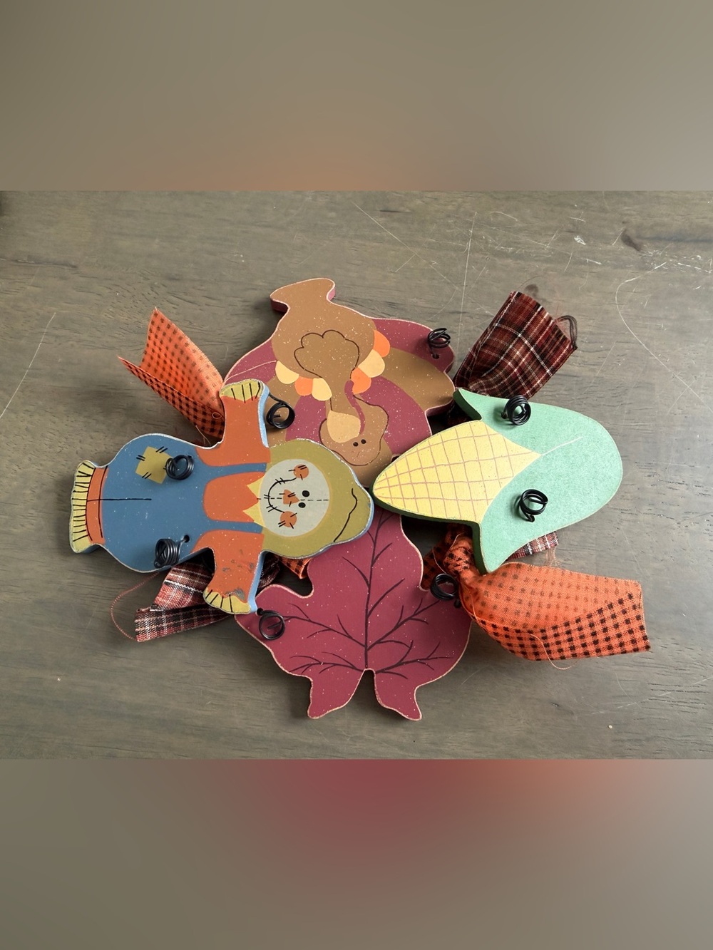 Wooden Fall Themed Decor Candle Ring Scarecrow Turkey Corn Leaf Thanksgiving - Picture 2 of 6
